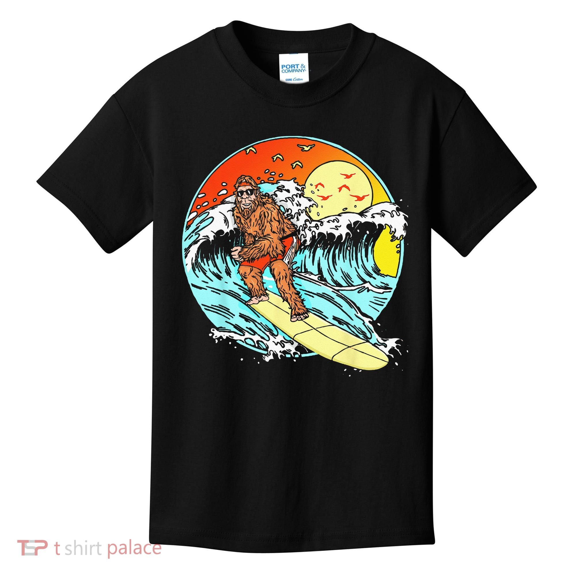 Surfing Bigfoot Funny Beach Sasquatch Surfer Waves Retro 80s Kids T-Shirt