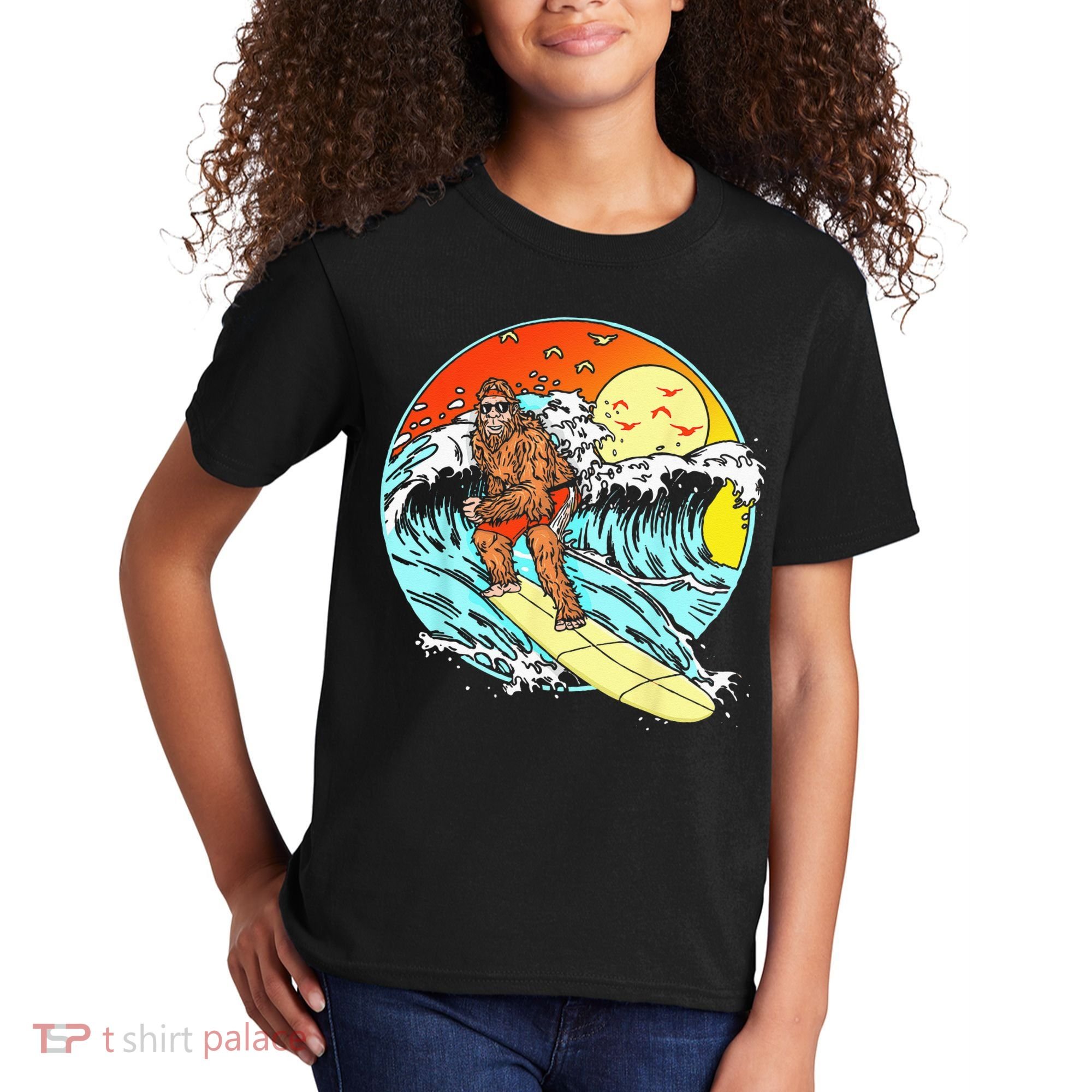 Surfing Bigfoot Funny Beach Sasquatch Surfer Waves Retro 80s Kids T-Shirt