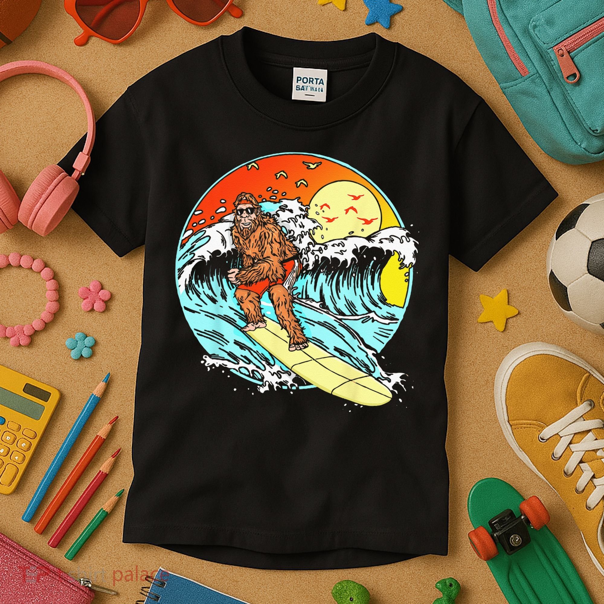 Surfing Bigfoot Funny Beach Sasquatch Surfer Waves Retro 80s Kids T-Shirt