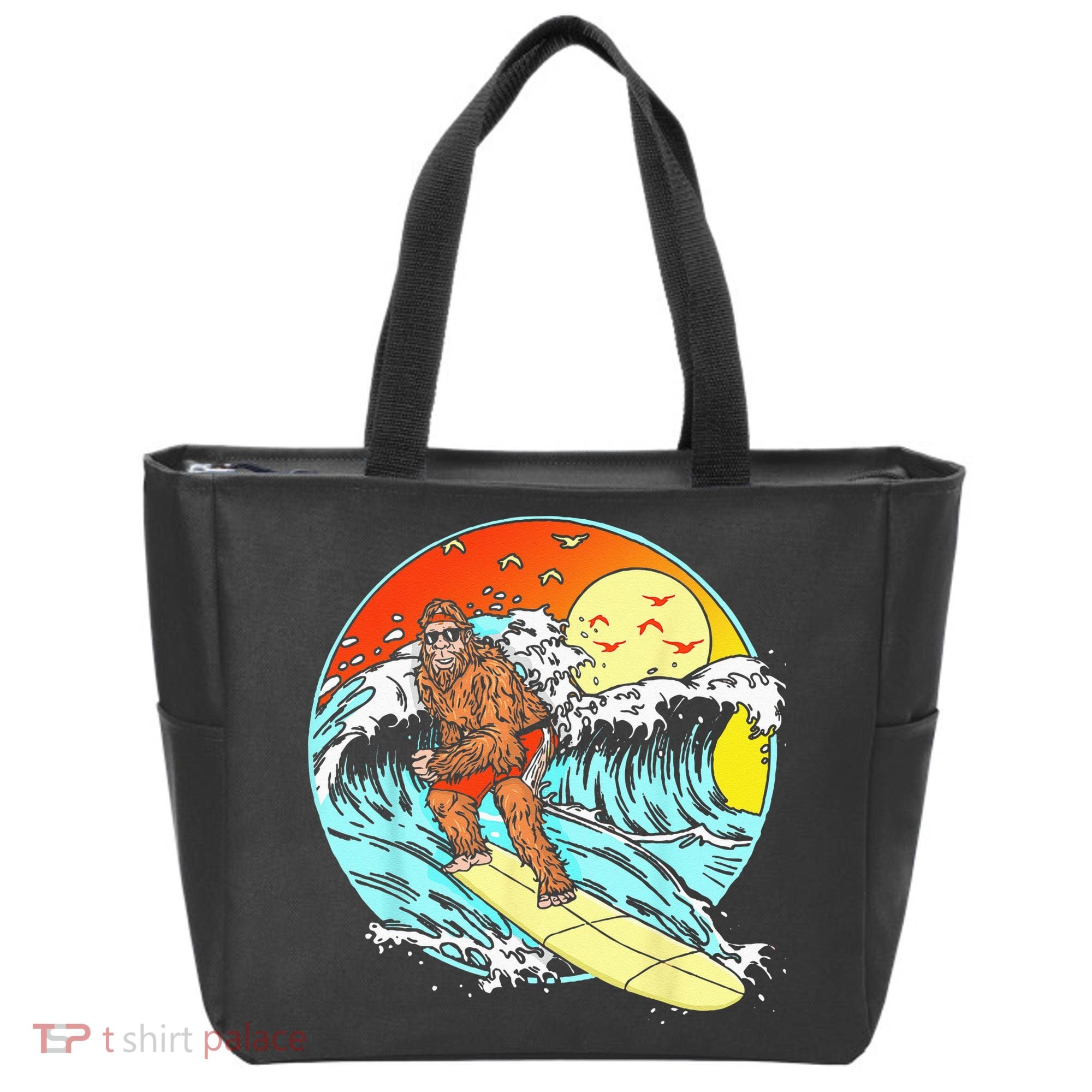 Surfing Bigfoot Funny Beach Sasquatch Surfer Waves Retro 80s Tote Bag