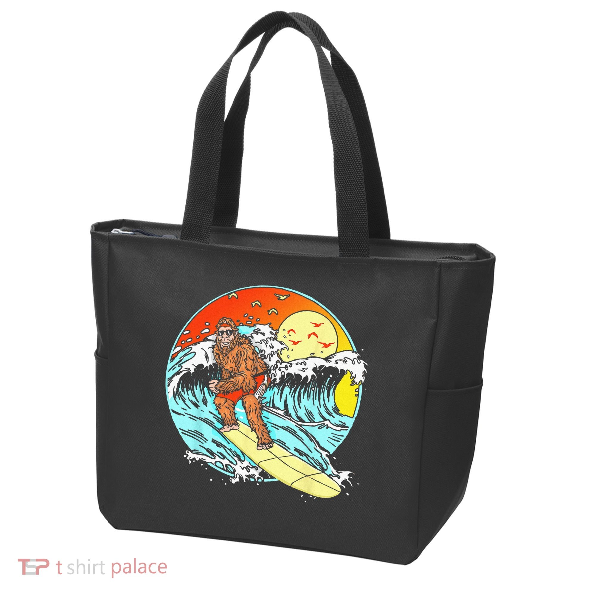 Surfing Bigfoot Funny Beach Sasquatch Surfer Waves Retro 80s Tote Bag