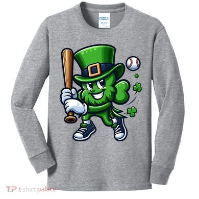 Shamrock Baseball Funny St Patricks Day Kids Long Sleeve Shirt
