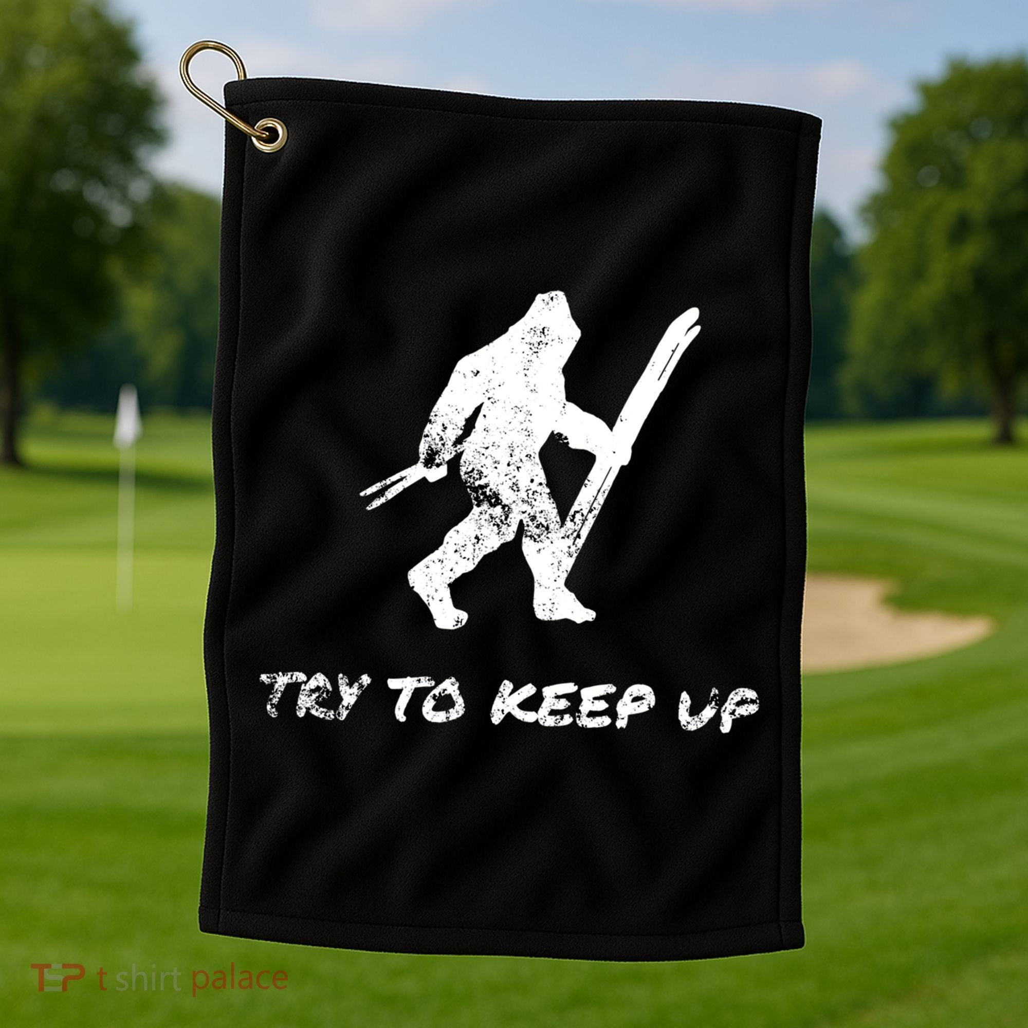 Skiing Bigfoot Funny Sasquatch Yeti Ski Try To Keep Up Gift Golf Towel