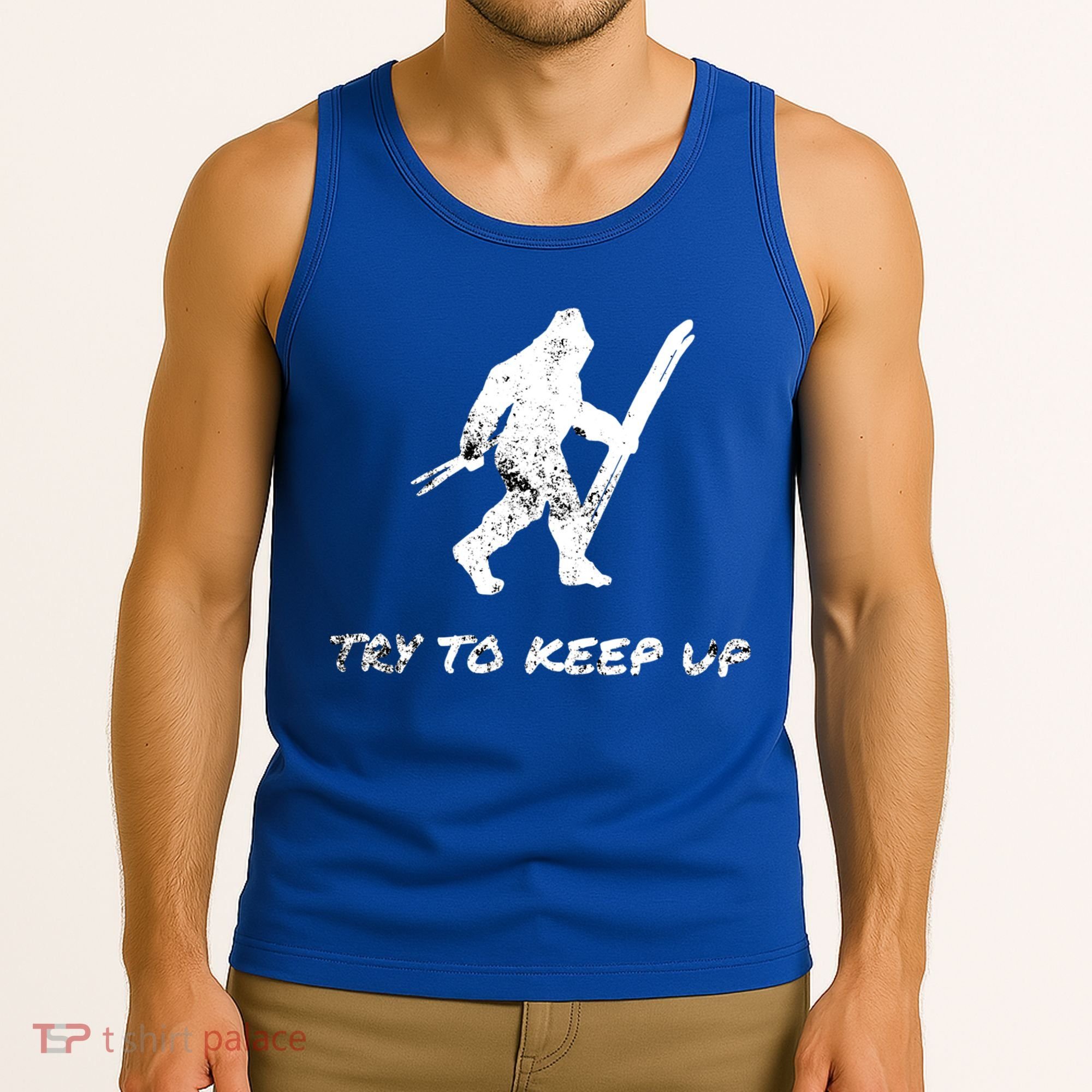 Skiing Bigfoot Funny Sasquatch Yeti Ski Try To Keep Up Gift Tank Top