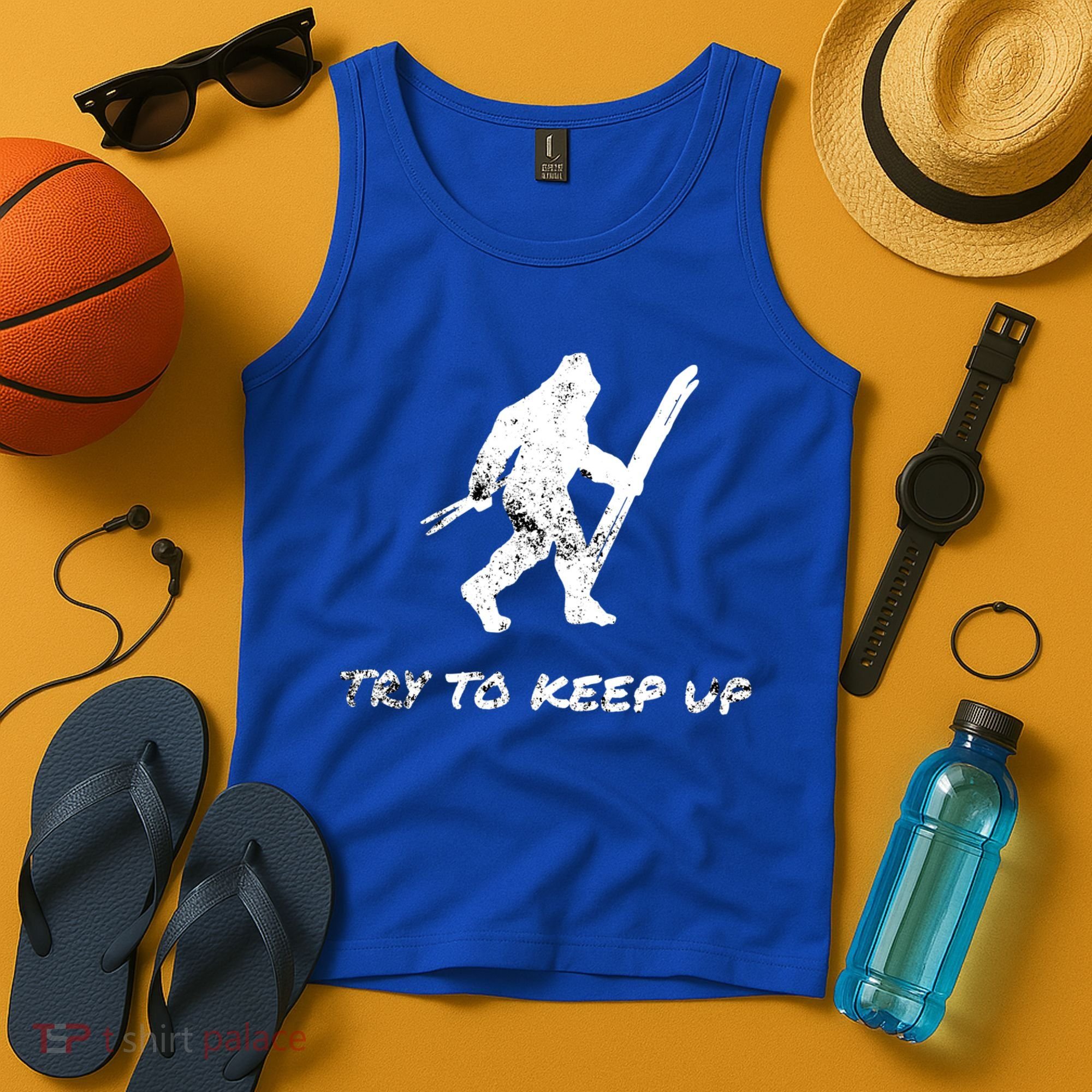 Skiing Bigfoot Funny Sasquatch Yeti Ski Try To Keep Up Gift Tank Top