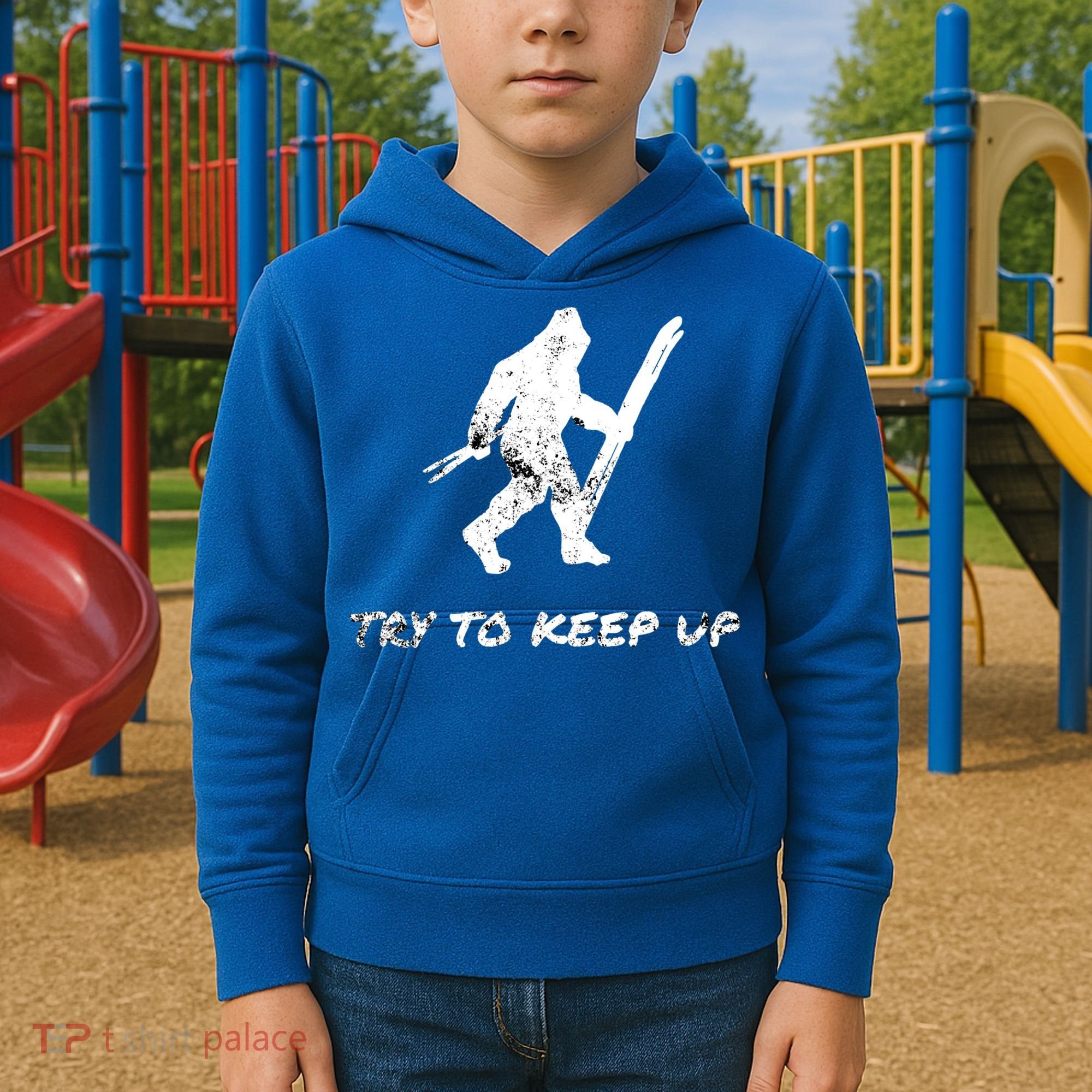 Skiing Bigfoot Funny Sasquatch Yeti Ski Try To Keep Up Gift Kids Hoodie