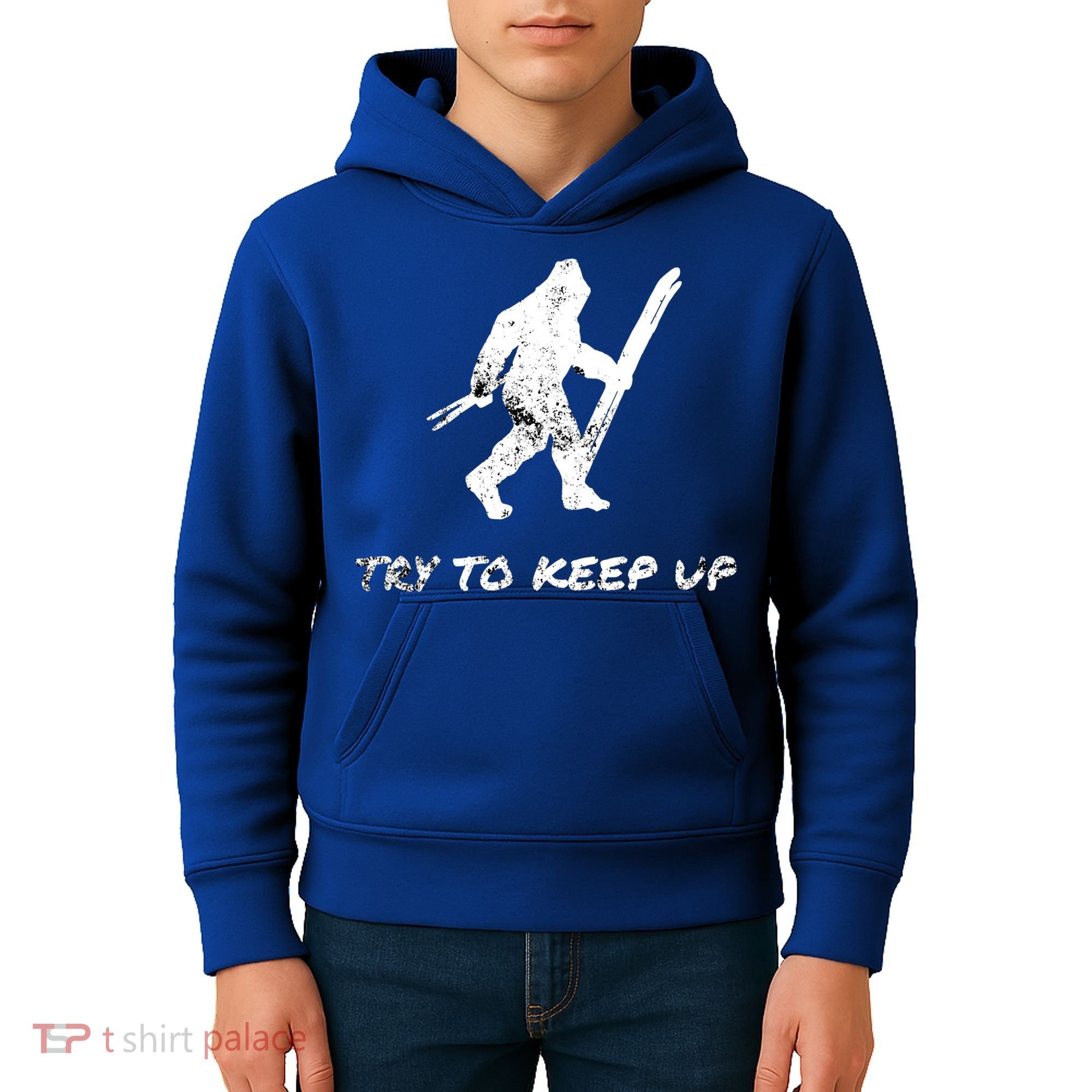 Skiing Bigfoot Funny Sasquatch Yeti Ski Try To Keep Up Gift Kids Hoodie