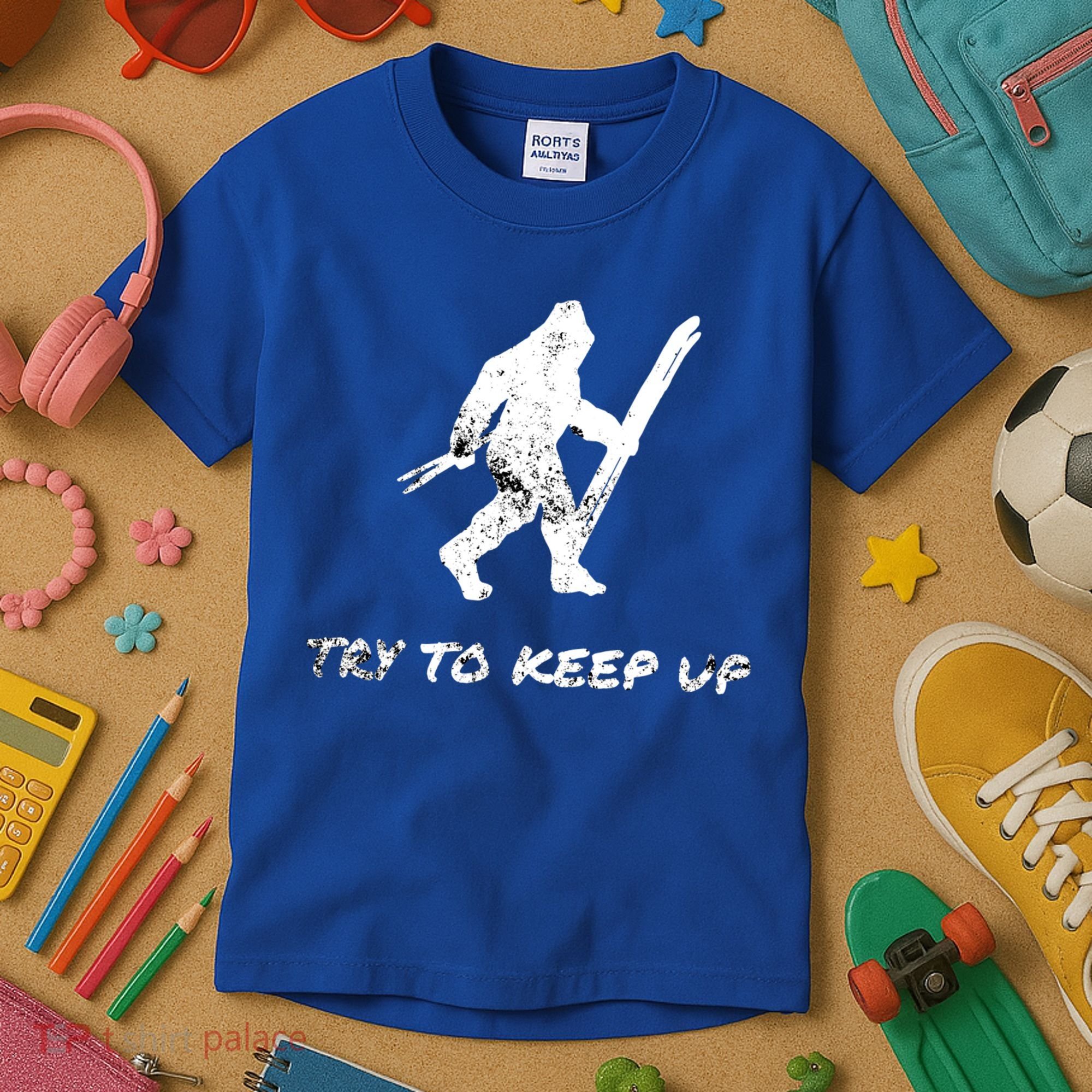 Skiing Bigfoot Funny Sasquatch Yeti Ski Try To Keep Up Gift Kids T-Shirt