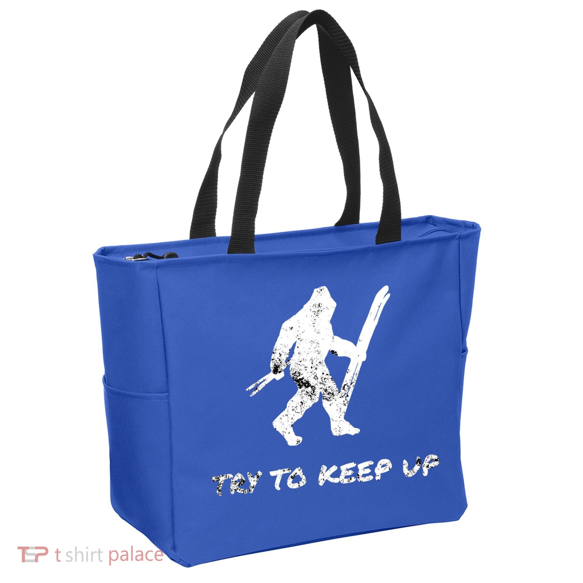 Skiing Bigfoot Funny Sasquatch Yeti Ski Try To Keep Up Gift Tote Bag