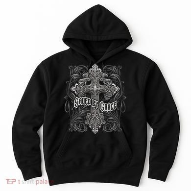 Saved By Grace Christian Graphic Design Gothic Cross Hoodie