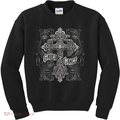 Saved By Grace Christian Graphic Design Gothic Cross Kids Sweatshirt