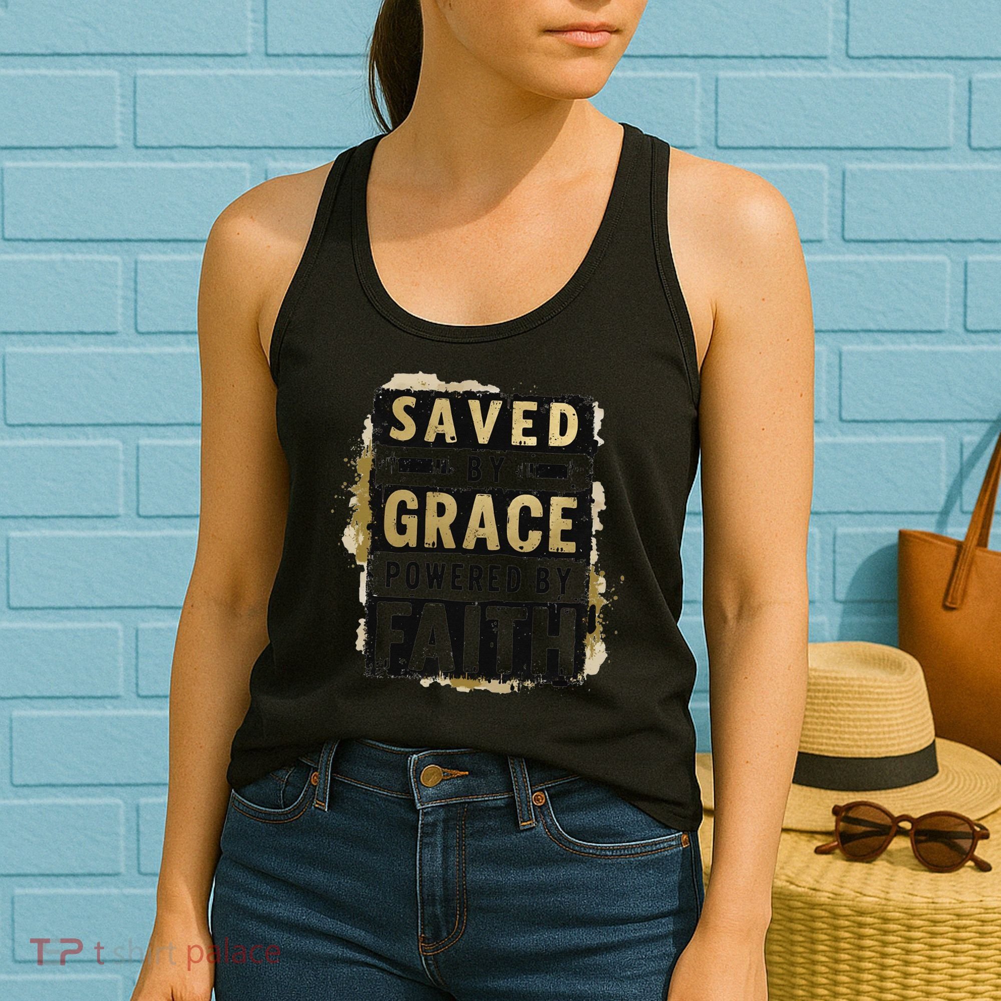 Saved By Grace Powered By Faith Christian Religious Jesus Women's Tank Top