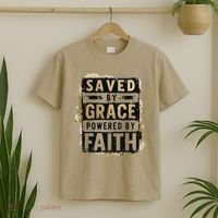 Saved By Grace Powered By Faith Christian Religious Jesus T-Shirt thumb 2