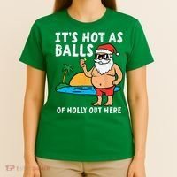 Santa Beach Hot As Balls Of Holly Funny Christmas In July T-Shirt thumb 4