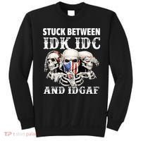 Stuck Between Idk Idc And Idgaf Funny Skull Lover Sweatshirt thumb 0