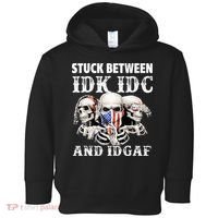 Stuck Between Idk Idc And Idgaf Funny Skull Lover Toddler Hoodie thumb 0