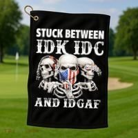 Stuck Between Idk Idc And Idgaf Funny Skull Lover Golf Towel thumb 1