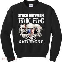 Stuck Between Idk Idc And Idgaf Funny Skull Lover Kids Sweatshirt thumb 0