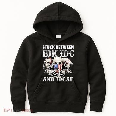 Stuck Between Idk Idc And Idgaf Funny Skull Lover Kids Hoodie