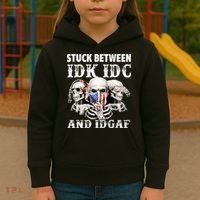 Stuck Between Idk Idc And Idgaf Funny Skull Lover Kids Hoodie thumb 3