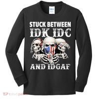 Stuck Between Idk Idc And Idgaf Funny Skull Lover Kids Long Sleeve Shirt thumb 0