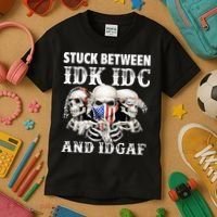 Stuck Between Idk Idc And Idgaf Funny Skull Lover Kids T-Shirt thumb 3