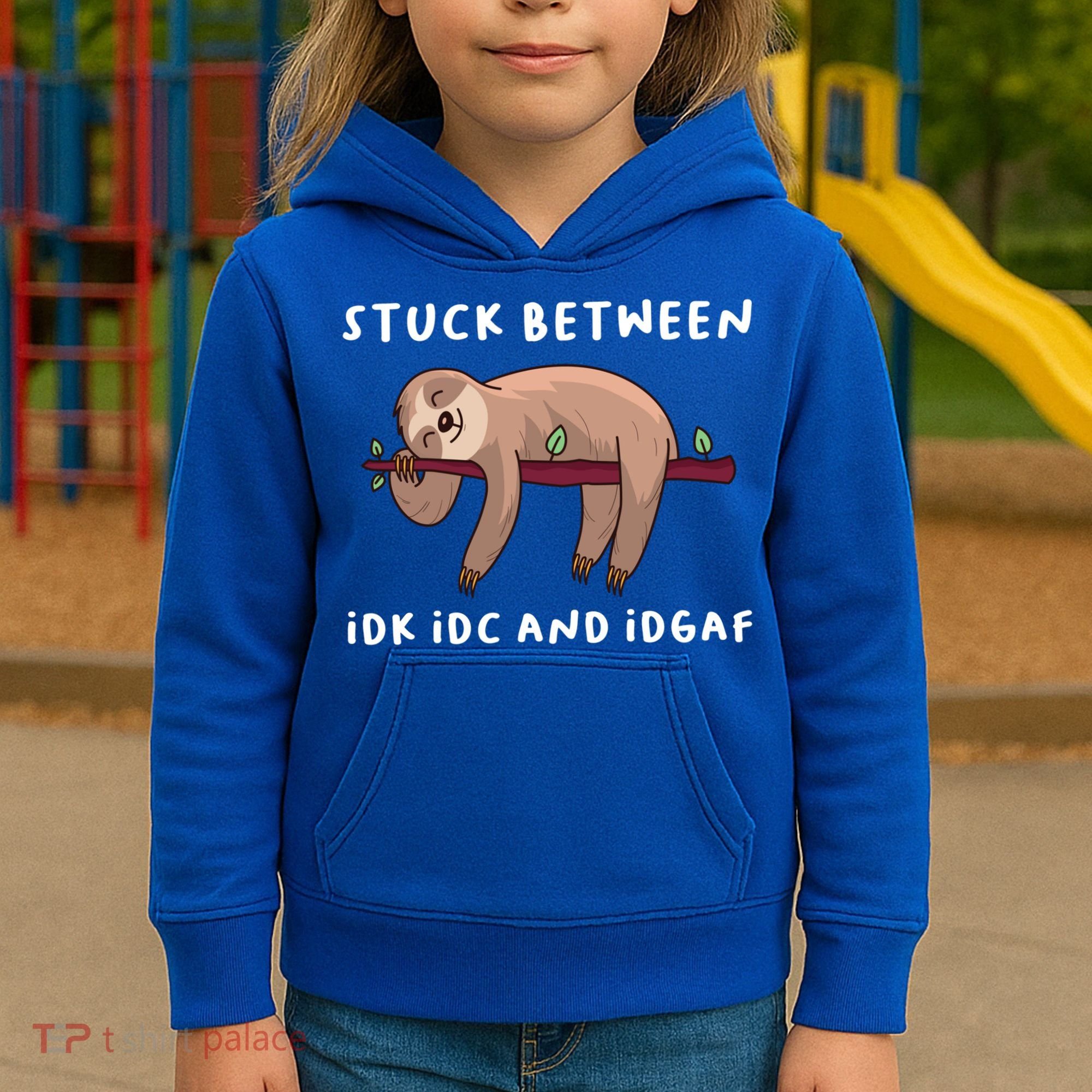 Stuck Between Idk Idc And Idgaf Sloth Lover Gift Great Gift Kids Hoodie