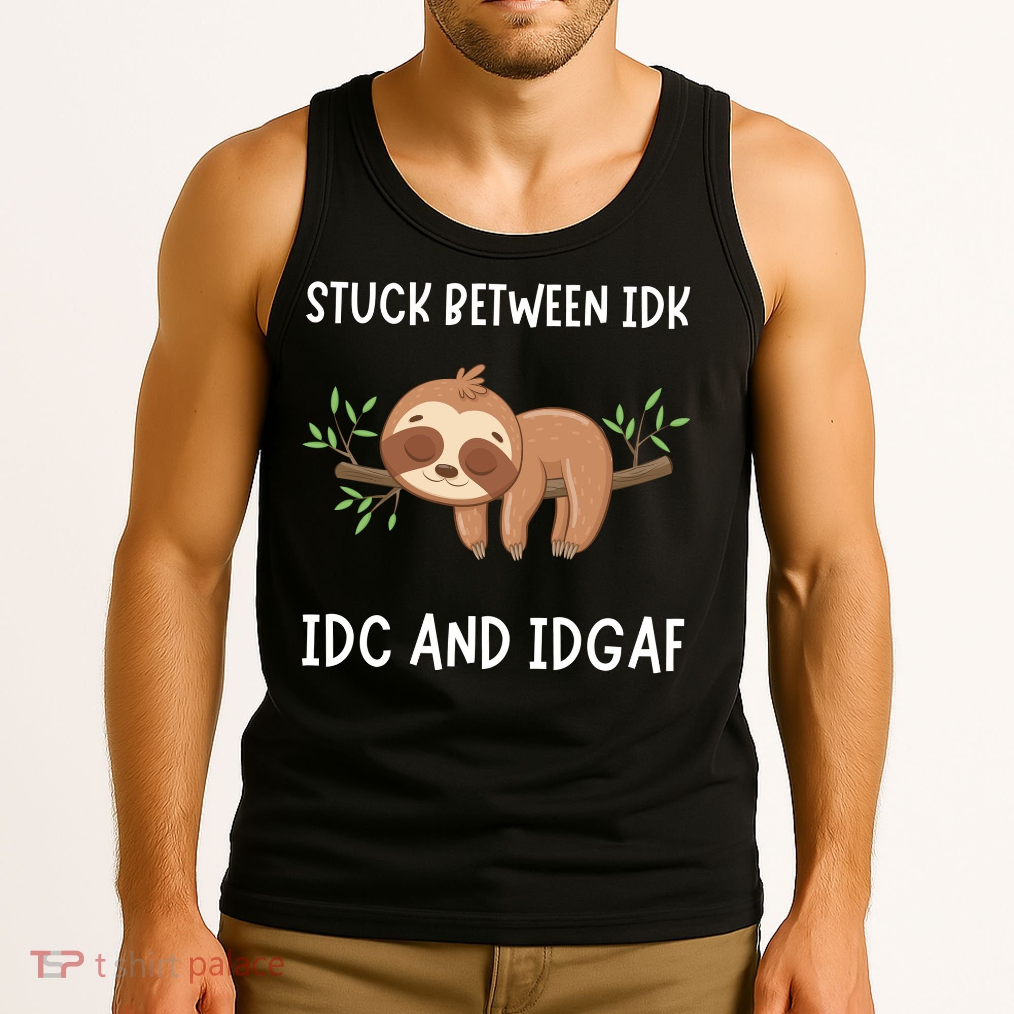 Stuck Between Idk Idc And Idgaf Sloth Lover Gift Tank Top