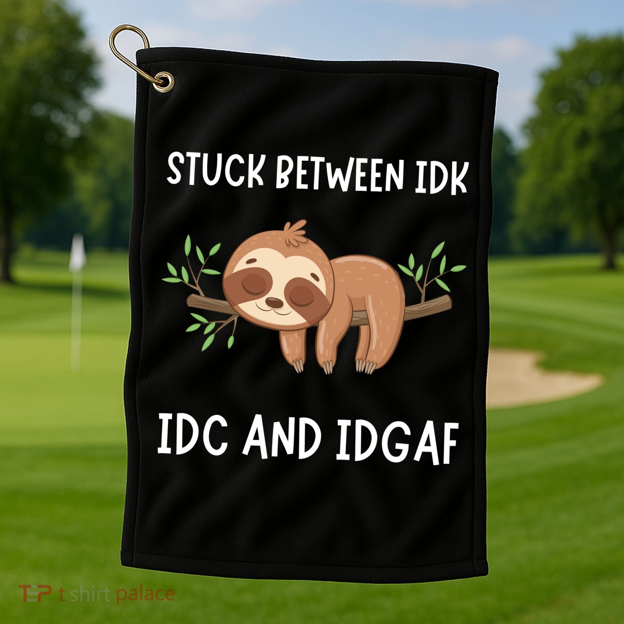 Stuck Between Idk Idc And Idgaf Sloth Lover Gift Golf Towel