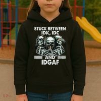 Stuck Between Idk Idc And Idgaf Skeleton Kids Hoodie thumb 3