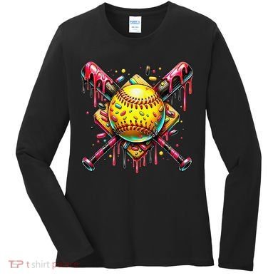 Softball Bat Ice Cream Dripping Baseball Home Plate Drip Women's Long Sleeve Shirt