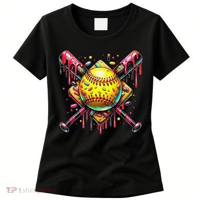 Softball Bat Ice Cream Dripping Baseball Home Plate Drip Women's T-Shirt