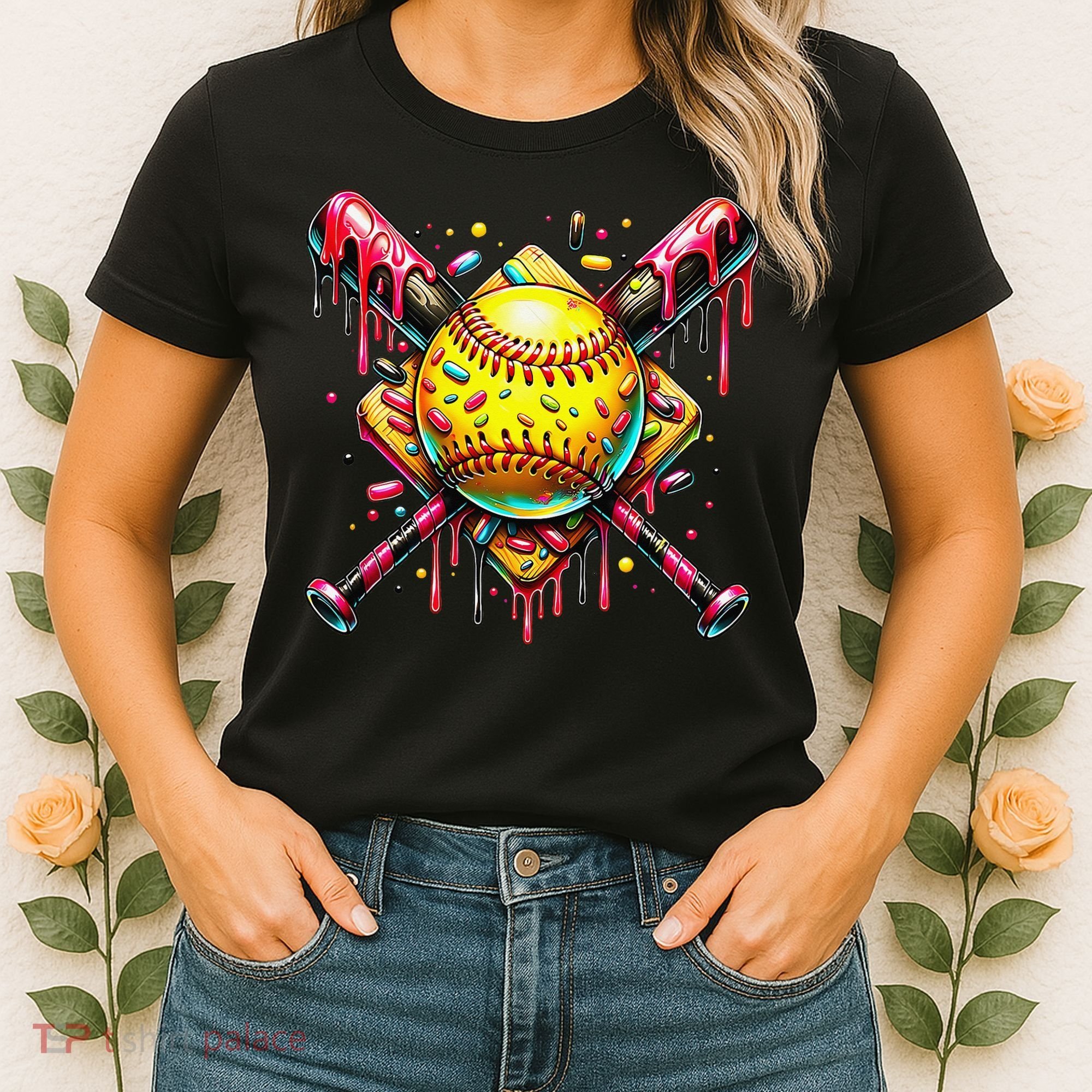 Softball Bat Ice Cream Dripping Baseball Home Plate Drip Women's T-Shirt