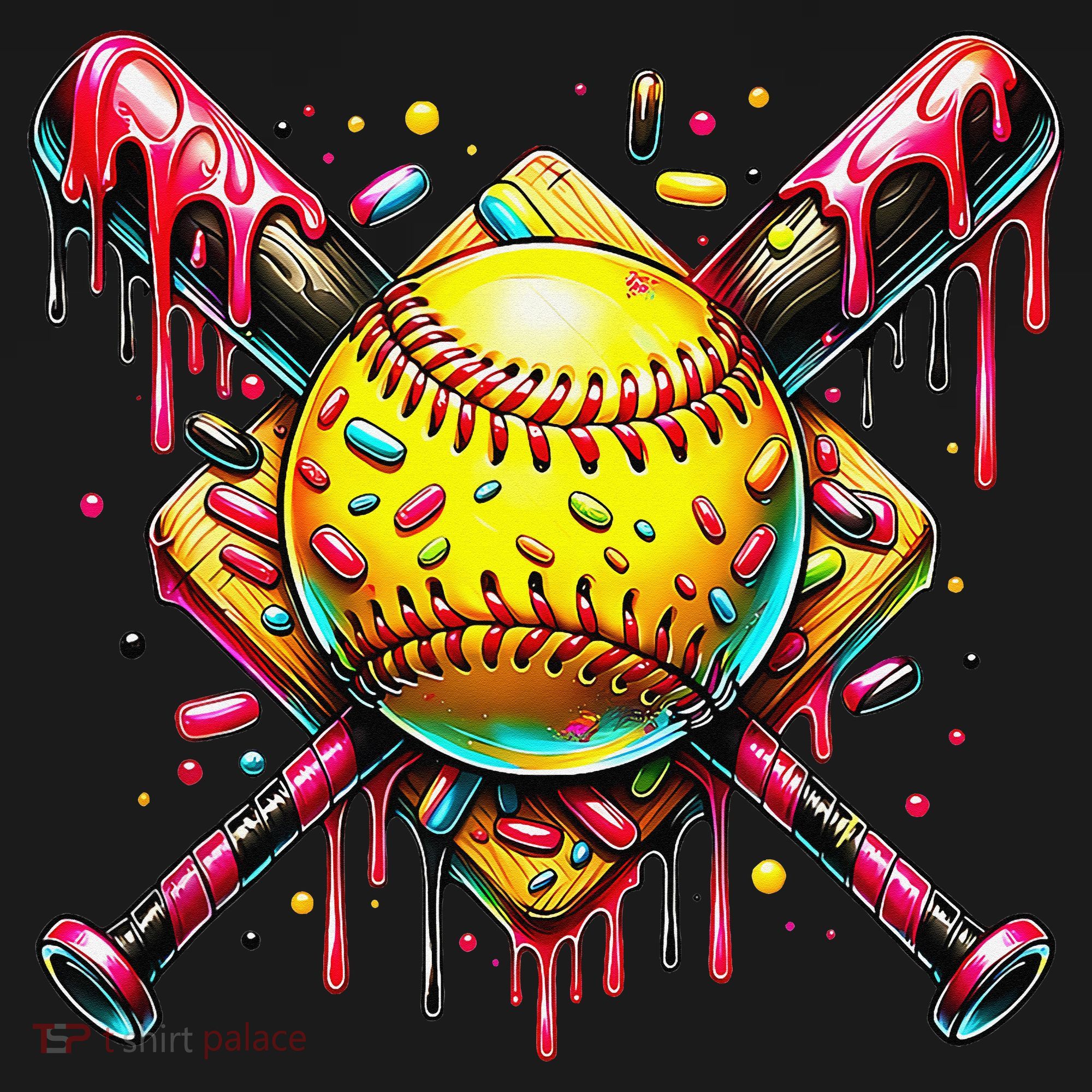 Softball Bat Ice Cream Dripping Baseball Home Plate Drip Women's T-Shirt