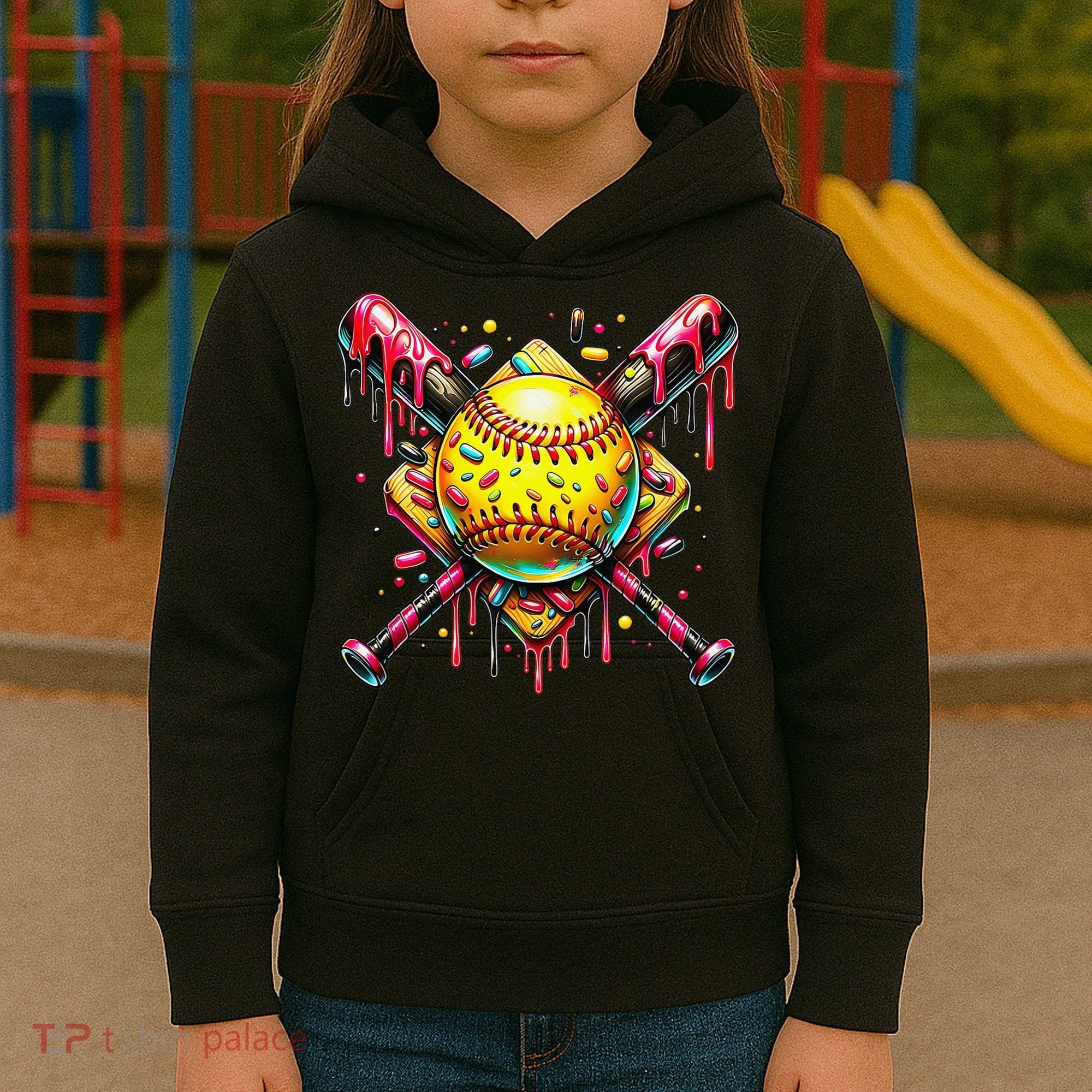 Softball Bat Ice Cream Dripping Baseball Home Plate Drip Kids Hoodie