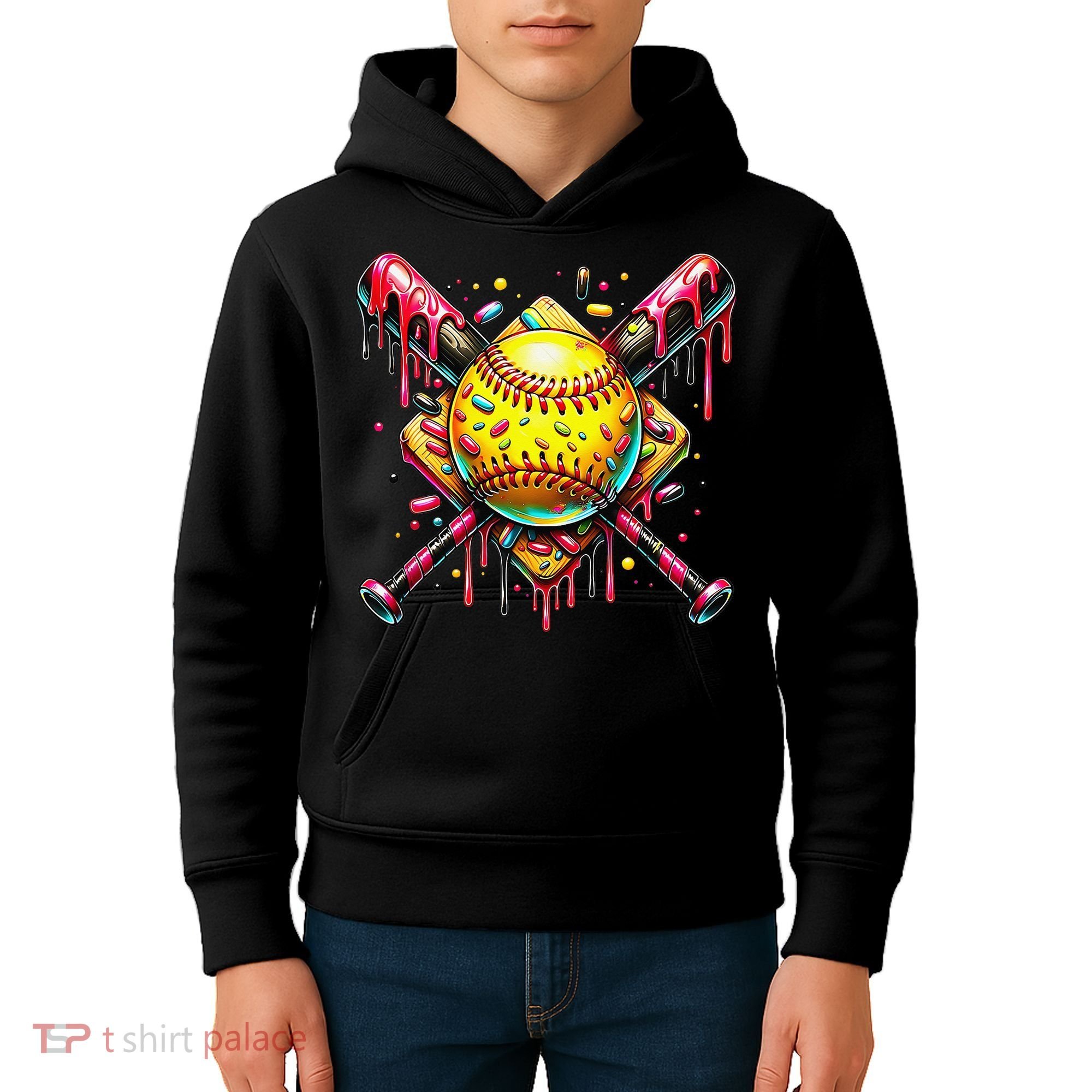 Softball Bat Ice Cream Dripping Baseball Home Plate Drip Kids Hoodie