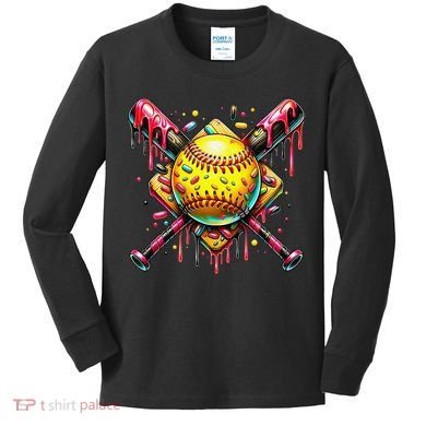 Softball Bat Ice Cream Dripping Baseball Home Plate Drip Kids Long Sleeve Shirt