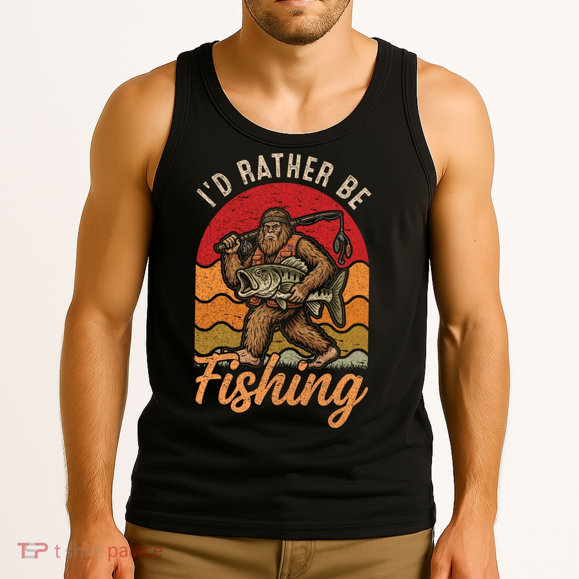 Sasquatch Bigfoot I'd Rather Be Fishing Tank Top