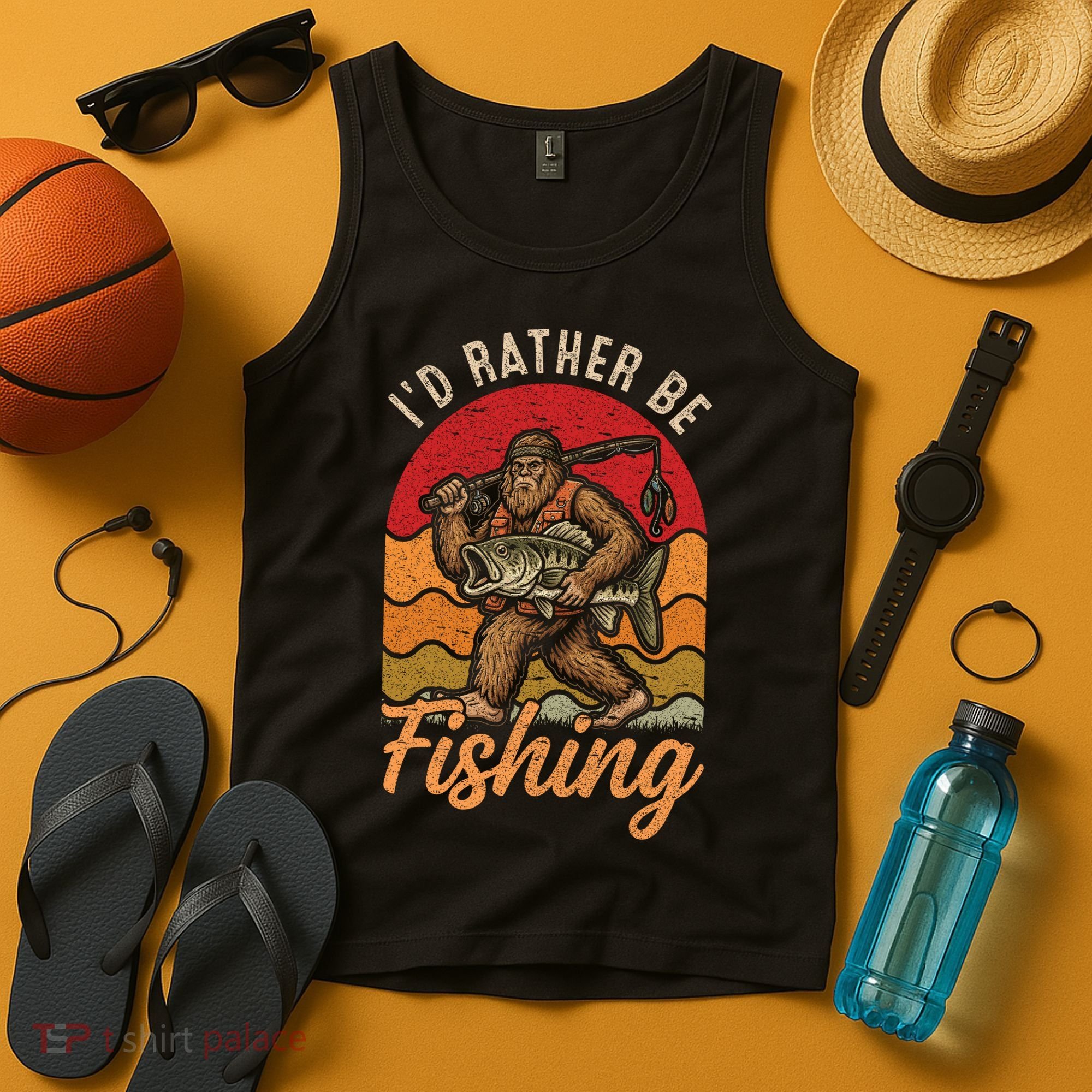 Sasquatch Bigfoot I'd Rather Be Fishing Tank Top