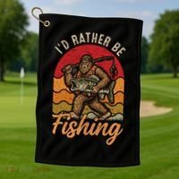 Sasquatch Bigfoot I'd Rather Be Fishing Golf Towel thumb 1