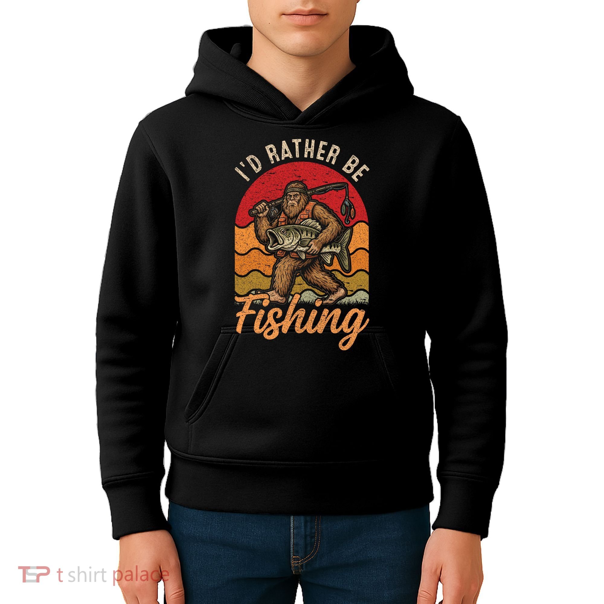 Sasquatch Bigfoot I'd Rather Be Fishing Kids Hoodie