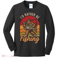Sasquatch Bigfoot I'd Rather Be Fishing Kids Long Sleeve Shirt thumb 0