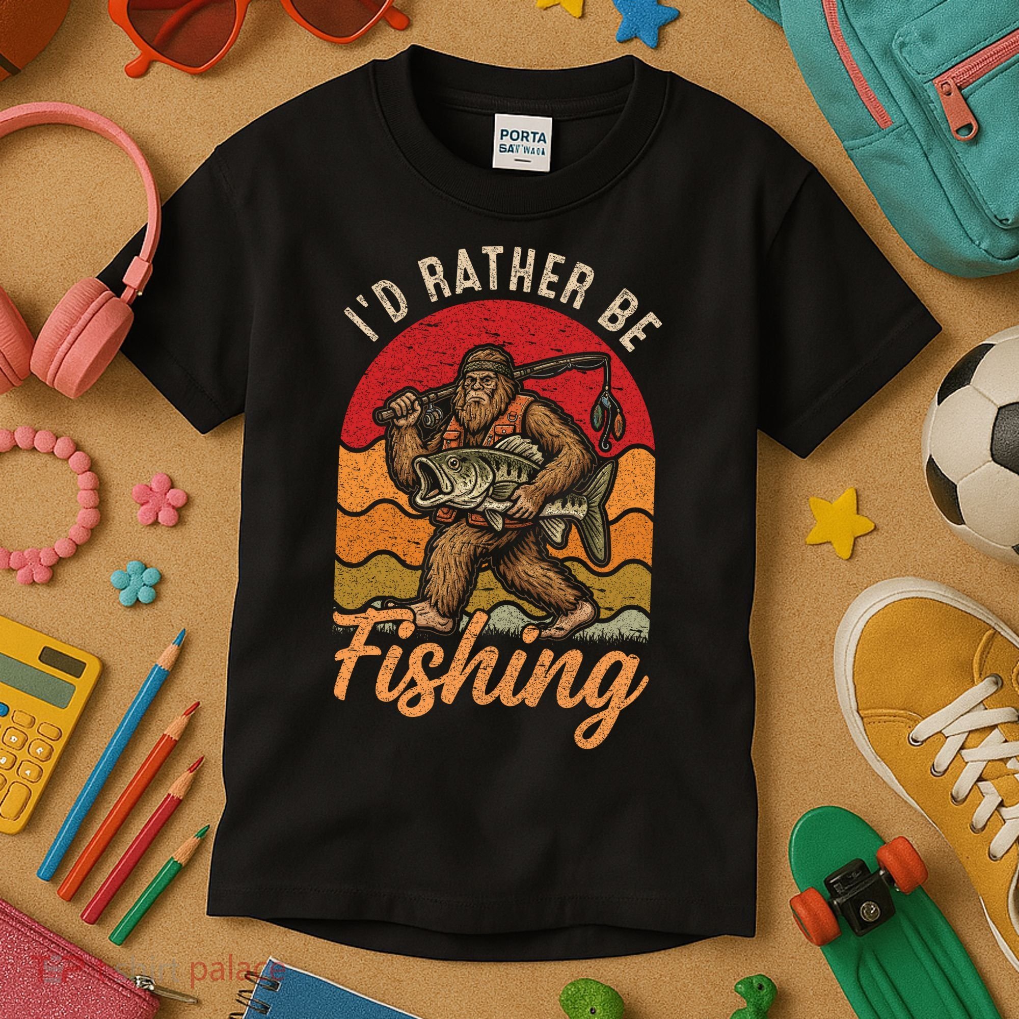 Sasquatch Bigfoot I'd Rather Be Fishing Kids T-Shirt