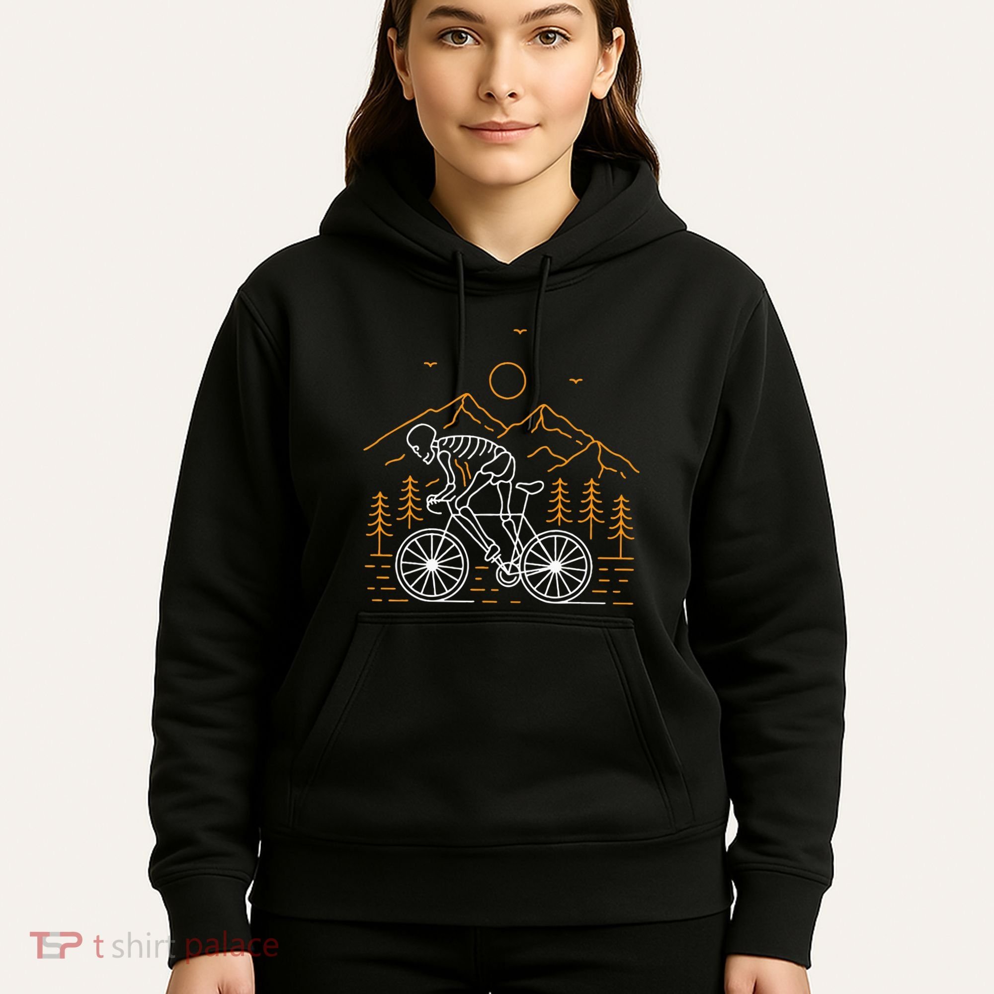 Skeleton Biking Lazy Halloween Costume Cool Line Art Bicycle Hoodie