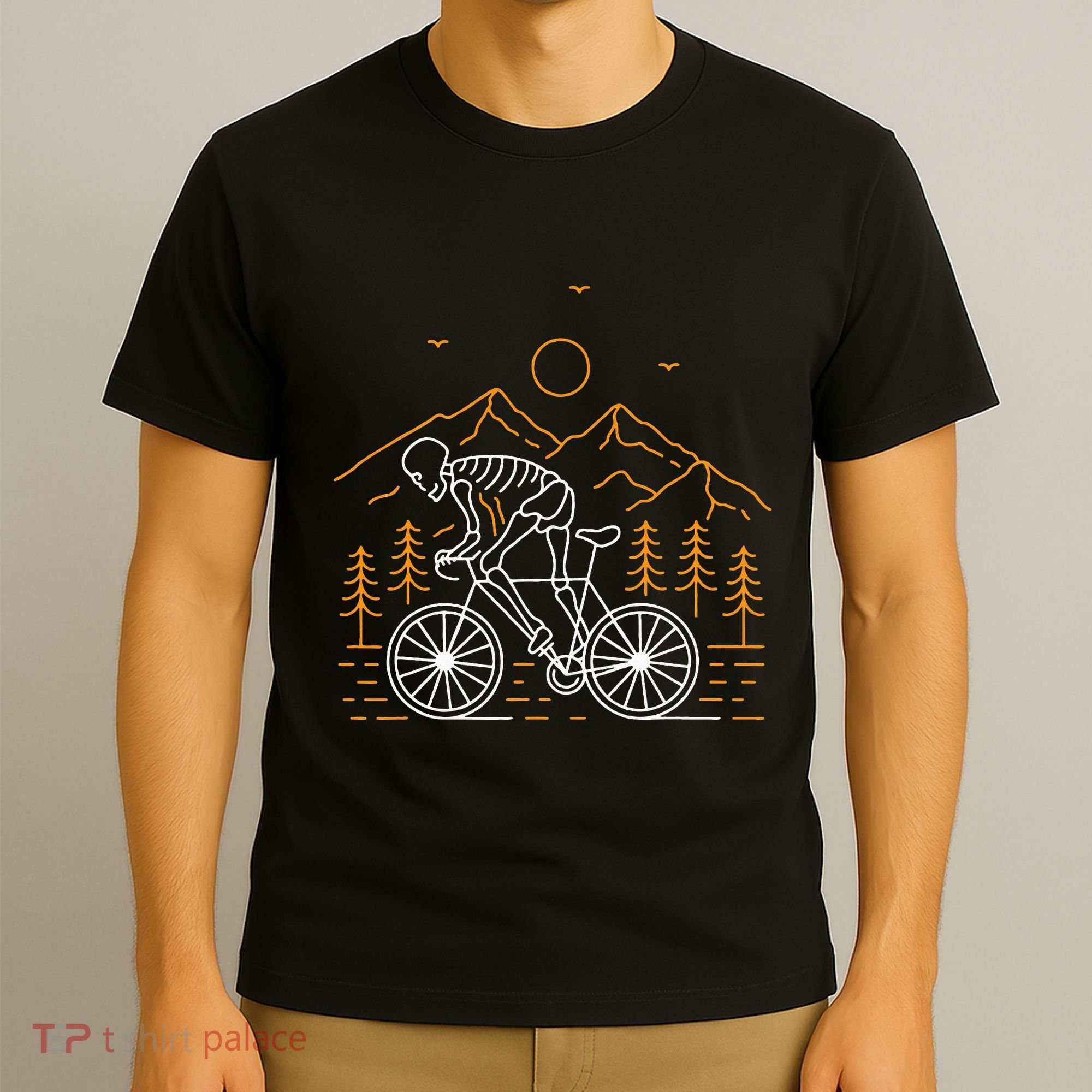 Skeleton Biking Lazy Halloween Costume Cool Line Art Bicycle T-Shirt