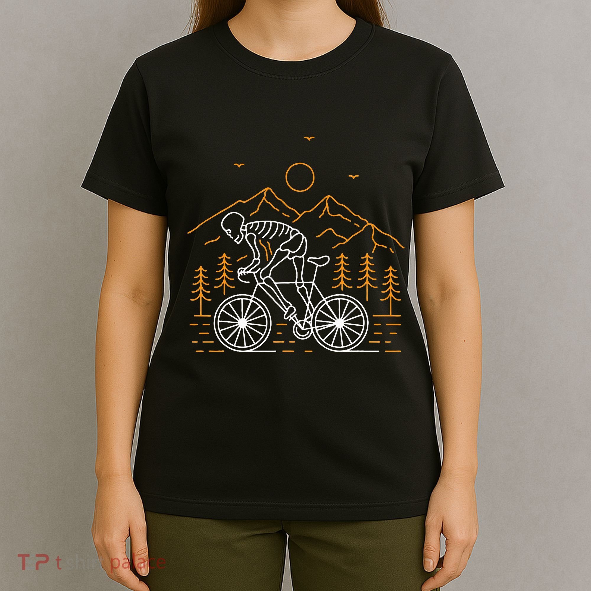 Skeleton Biking Lazy Halloween Costume Cool Line Art Bicycle T-Shirt