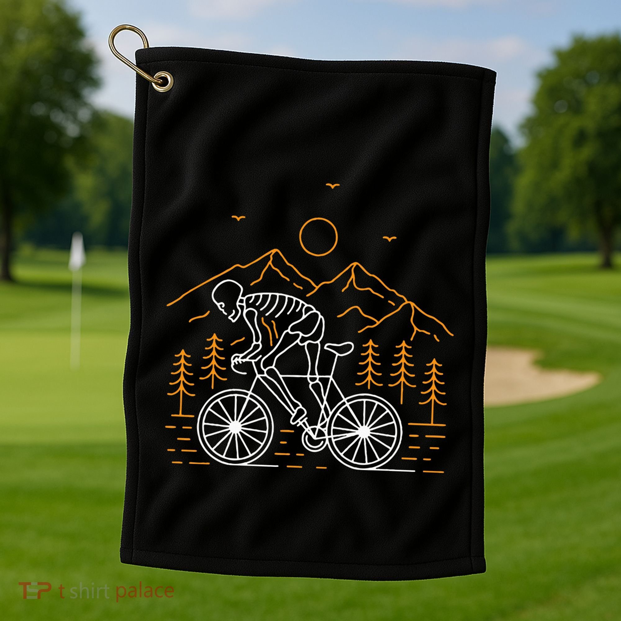 Skeleton Biking Lazy Halloween Costume Cool Line Art Bicycle Golf Towel
