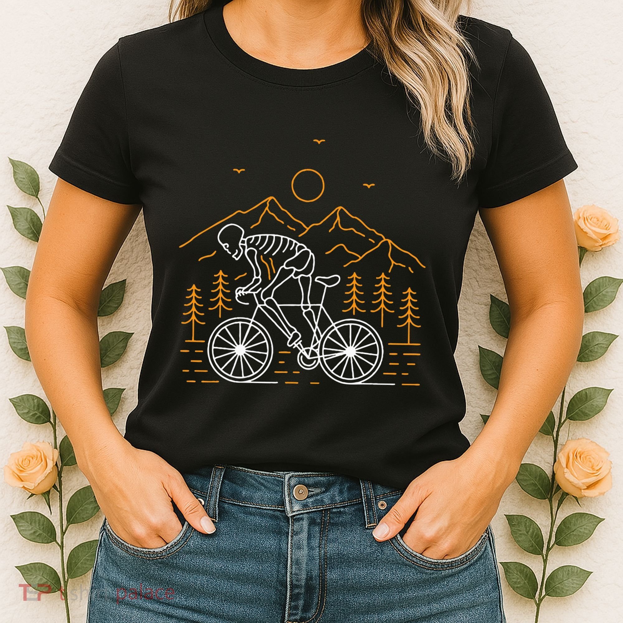 Skeleton Biking Lazy Halloween Costume Cool Line Art Bicycle Women's T-Shirt