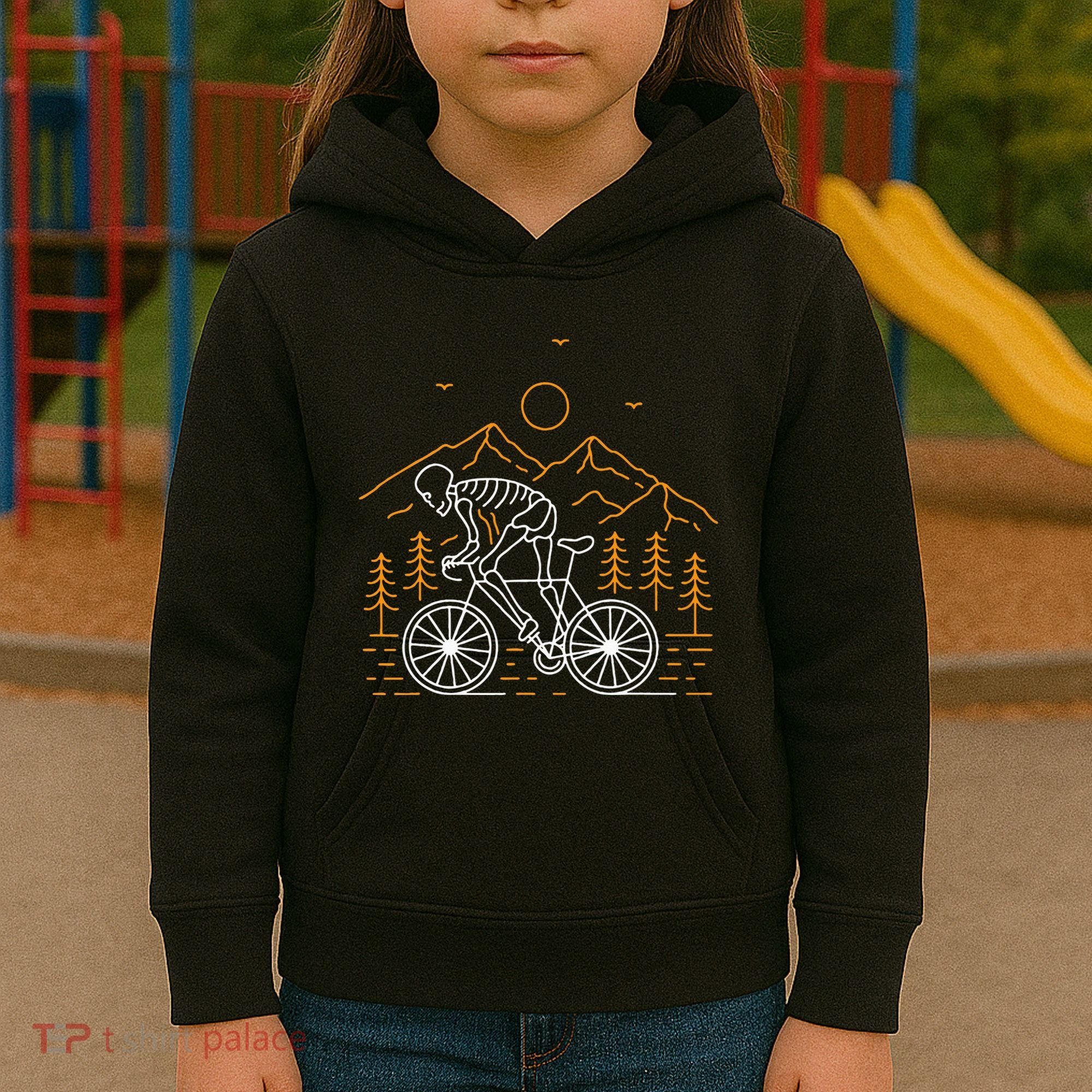 Skeleton Biking Lazy Halloween Costume Cool Line Art Bicycle Kids Hoodie