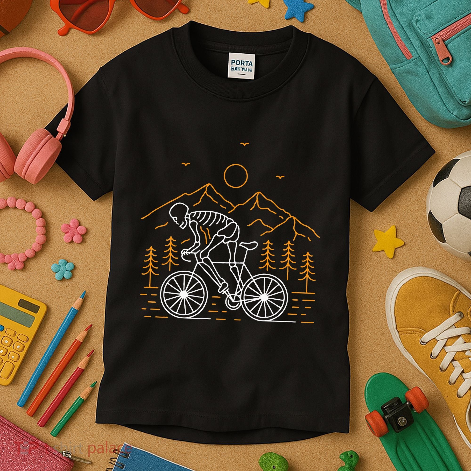 Skeleton Biking Lazy Halloween Costume Cool Line Art Bicycle Kids T-Shirt
